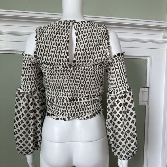 Silk Cinq a Sept Pascal Mini Medallion Blouse Small Smocked Off Cold Shoulder - Picture 13 of 13